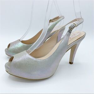 Lulu Townsend Tara Iridescent Silver Sling Back Peep Toe Platform Evening Heels